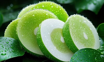 Obraz premium Fresh Green Slices of Juicy Fruit with Dewdrops on Leaves in a Vibrant Nature Background