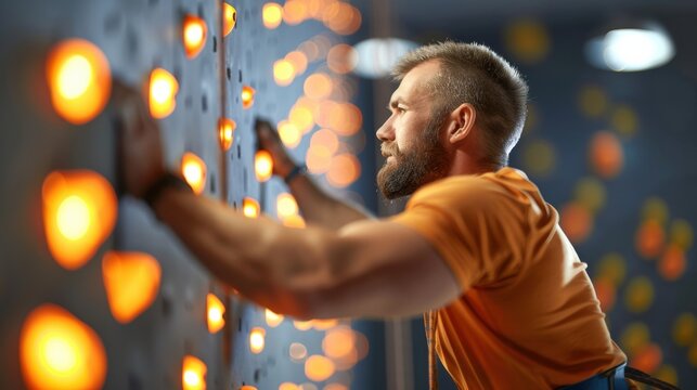 Climber focused on an indoor climbing wall.