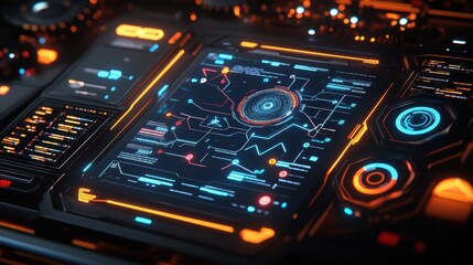 Fototapeta premium Futuristic Orange and Blue Digital Interface with Glowing Neon Lights