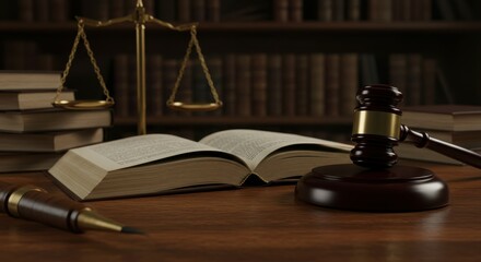 Legal scales, wooden gavel, law book, justice symbolism, dramatic lighting, dark background, courtroom setting, legal profession, judicial imagery, authority, judgment concept, somber mood, textured s