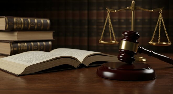 Legal scales, wooden gavel, law book, justice symbolism, dramatic lighting, dark background, courtroom setting, legal profession, judicial imagery, authority, judgment concept, somber mood, textured s