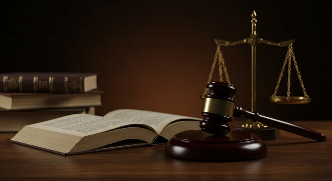 Legal scales, wooden gavel, law book, justice symbolism, dramatic lighting, dark background, courtroom setting, legal profession, judicial imagery, authority, judgment concept, somber mood, textured s
