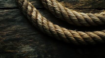 Fototapeta premium Twisted Natural Fiber Rope on Rustic Wooden Surface for Authentic Textural Appeal