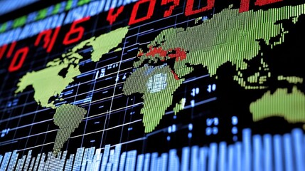 Global Data Visualization World Map on Digital Display with Red and Green Data Points