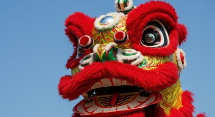 Fototapeta premium Chinese lion dance head, vibrant red fur, golden details, large expressive eye, traditional festive decoration, close-up view, blue sky background, cultural celebration, intricate craftsmanship, dynam