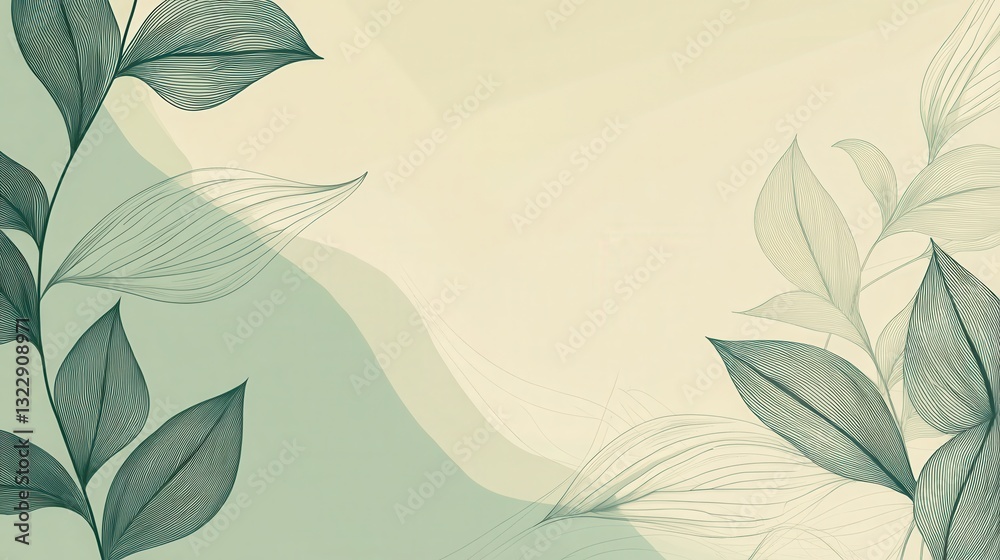 Fototapete Elegant botanical design with soft green background featuring line art and balanced textures in modern eco-friendly style
