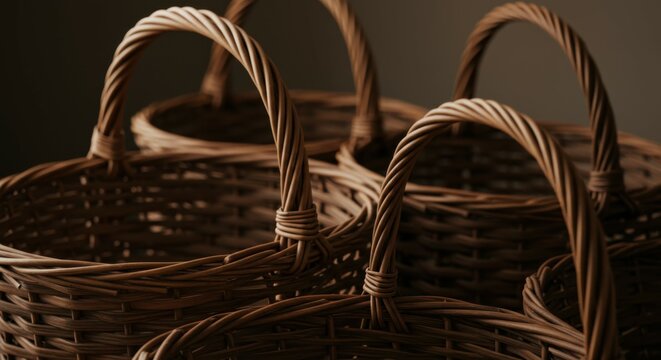 woven baskets, rattan texture, natural fibers, earthy tones, close-up detail, rustic decor, organic materials, handcrafted, storage containers, round shapes, neutral colors, wicker weave, home accesso