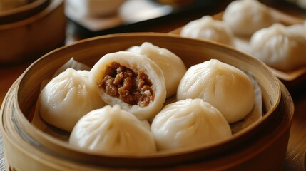 Steamed Pork Buns in a Bamboo Steamer