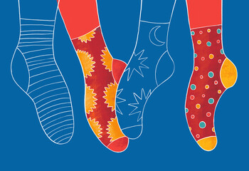 Colorful socks displayed on a vibrant blue background