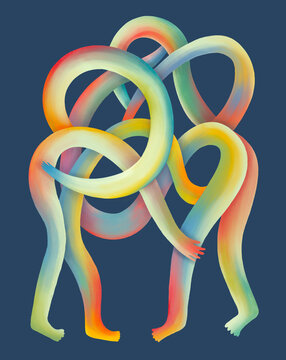 Intertwined figures express connection and movement through color