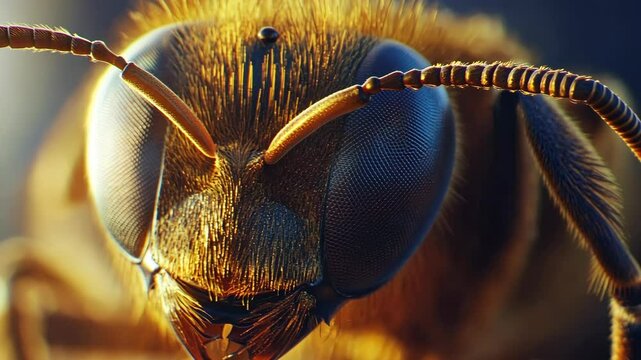 Close-up view of a honey bee showcasing its intricate features and textures in natural light during late afternoon