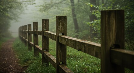 Obraz premium Misty forest path, wooden fence, foggy atmosphere, ethereal landscape, damp woodland, mystical trail, soft light, green foliage, atmospheric scene, rustic wooden posts, nature photography, moody ambia