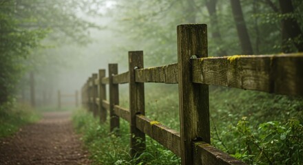 Misty forest path, wooden fence, foggy atmosphere, ethereal landscape, damp woodland, mystical trail, soft light, green foliage, atmospheric scene, rustic wooden posts, nature photography, moody ambia