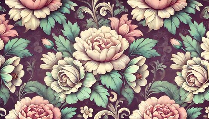 A floral pattern featuring soft, pastel-colored roses and swirling leaves in a vintage aesthetic