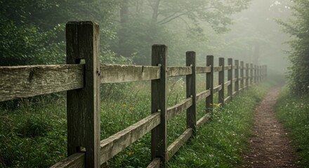 Misty forest path, wooden fence, foggy atmosphere, ethereal landscape, damp woodland, mystical trail, soft light, green foliage, atmospheric scene, rustic wooden posts, nature photography, moody ambia