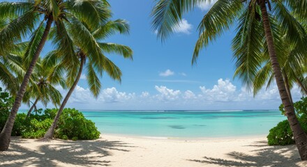 Tropical paradise, pristine white sand beach, crystal clear turquoise water, lush palm trees, sunny blue sky, calm ocean, serene coastline, idyllic island scenery, vibrant green foliage, tranquil Cari