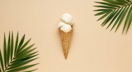 Minimalist ice cream cone, Single scoop vanilla, Waffle cone, Palm leaves, Tropical vibes, Beige background, Flat lay photography, Clean aesthetic, Summer mood, Soft shadows, Natural lighting, Simple 