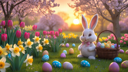 Cozy Rustic Easter Meadow with Bunny and Painted Eggs