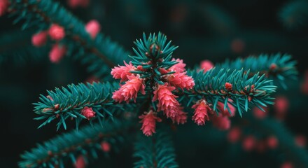 Fototapeta premium nature close-up, yew tree branch, bright red berries, dark green foliage, shallow depth of field, moody atmosphere, botanical detail, winter flora, festive holiday imagery, forest undergrowth, vibrant