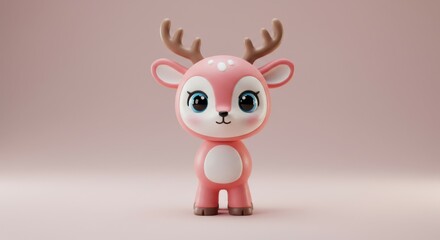 Fototapeta premium Cute cartoon deer toy, big eyes, pink body, small antlers, kawaii style, 3D render, soft lighting, pastel pink background, miniature figurine, rounded shapes, glossy texture, chibi character, playful 