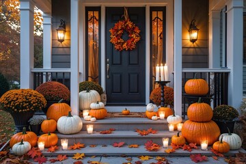 Obraz premium Charming Halloween Porch Decor with Pumpkins Candles and Fall Leaves