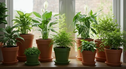 Indoor plants, terracotta pots, windowsill, natural light, green foliage, peace lily, fern, herb garden, potted plants, home decor, botanical, houseplants, urban jungle, windowsill garden, lush greene