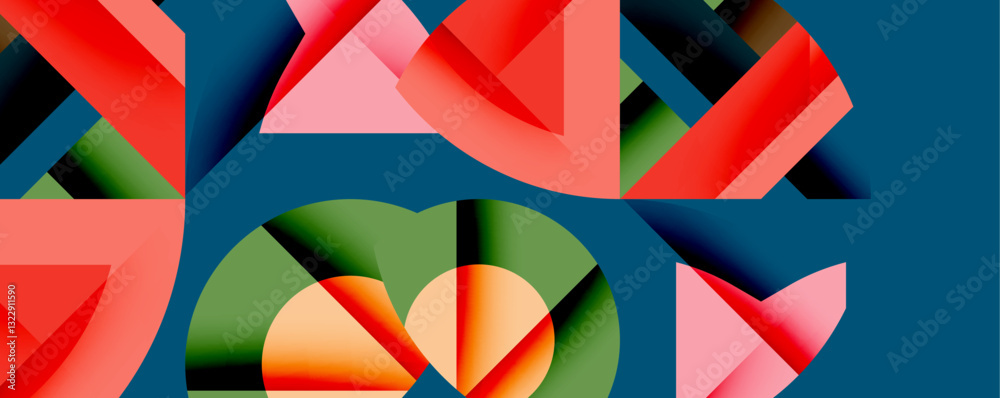 Poster Abstract geometric composition with interlocking circular and angular shapes, featuring smooth gradients and sharp contrasts on a white background