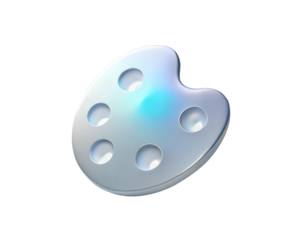 A 3D holographic icon of a paint palette, isolated on white background, representing creativity, art, painting, and artistic expression in a futuristic design.