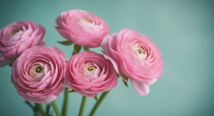 Naklejka premium Pink ranunculus flowers, soft petals, delicate blooms, pastel teal background, romantic floral arrangement, macro photography, vintage aesthetic, dreamy atmosphere, spring bouquet, light and airy, fem