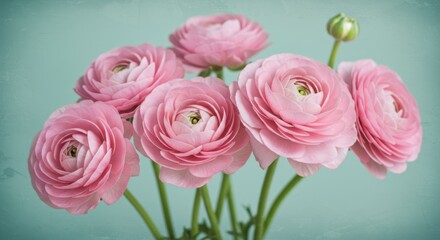 Fototapeta premium Pink ranunculus flowers, soft petals, delicate blooms, pastel teal background, romantic floral arrangement, macro photography, vintage aesthetic, dreamy atmosphere, spring bouquet, light and airy, fem