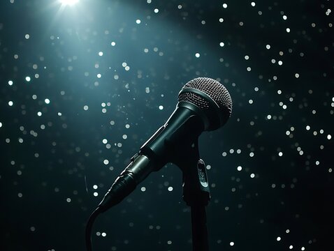 Microphone in spotlight against a starry stage background, representing a singing competition or talent show