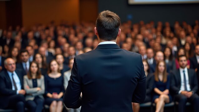 A professional business seminar where a male speaker in a dark suit stands on stage, addressing a large audience of professionals dressed in business attire. The audience listens attentively, creating