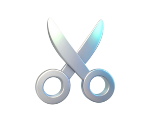 A modern, holographic 3D icon of scissors with a sleek, metallic design, isolated on white background. This clean and futuristic symbol is ideal for digital, graphic design, and creative content.