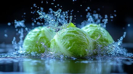 Fresh Green Cabbage Heads Being Splashed With Sparkling Water