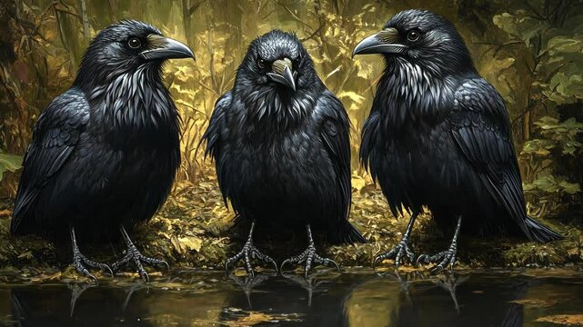 Three crows perched by a serene pond in a lush forest during the golden hour of late afternoon