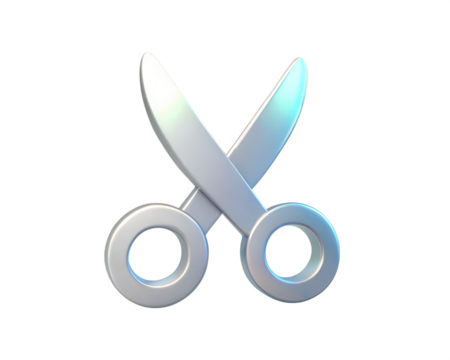 A modern, holographic 3D icon of scissors with a sleek, metallic design, isolated on white background. This clean and futuristic symbol is ideal for digital, graphic design, and creative content.