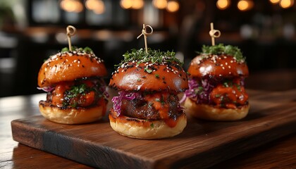 Three Mini Hamburgers Placed Neatly On A Wooden Surface