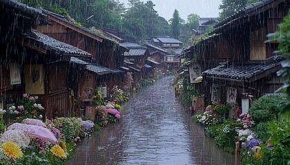 Fototapeta premium A quaint village street with rain and beautiful flower gardens