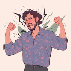Fototapeta premium Angry man with clenched fists expressing frustration in floral shirt