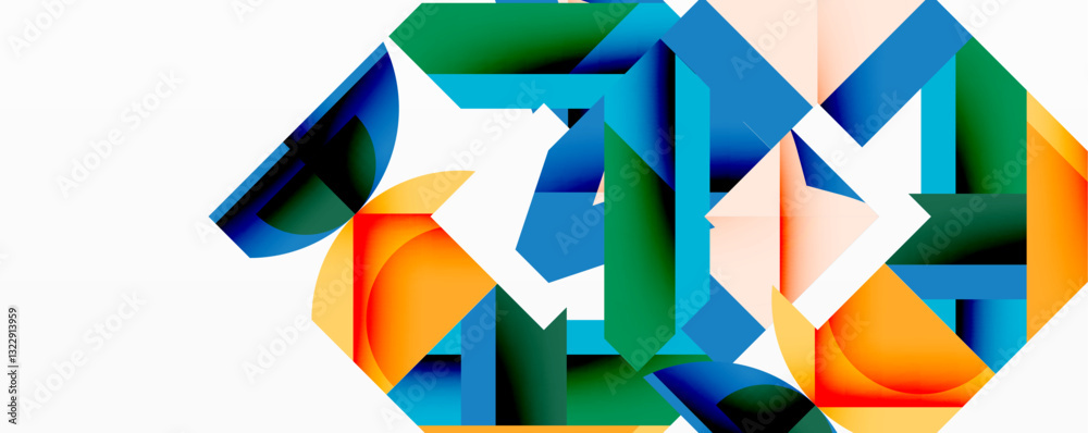 Poster Abstract geometric composition with interlocking circular and angular shapes, featuring smooth gradients and sharp contrasts on a white background