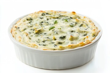 Delightful cheesy spinach artichoke dip in white ceramic baking dish delectable appetizer fresh herbs