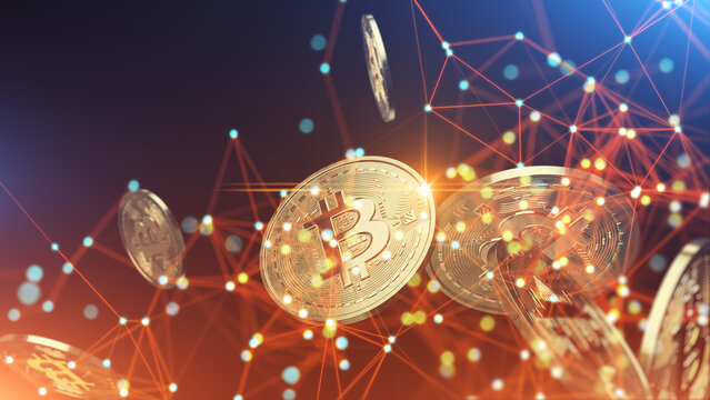 Bitcoins flowing digital technology background network concept