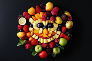 A creative arrangement of assorted colorful fresh cut fruits