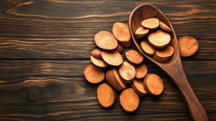 Fototapeta premium Wooden discs arranged on rustic wood surface with wooden spoon holding additional pieces
