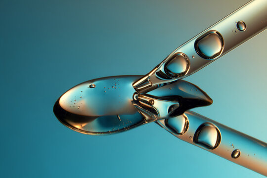 Close up of a pipette with liquid on reflective blue background.