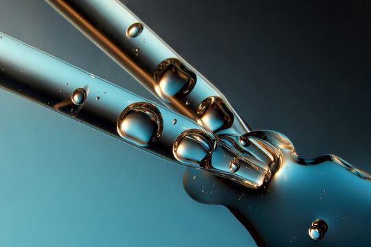 Close up of a pipette with liquid on reflective blue background.