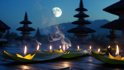 Traditional Bali Temple with Reflection on Water at Sunrise or Sunset