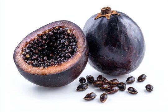 Half sliced babaco and whole dark purple fruit with scattered seeds on a bright white plane