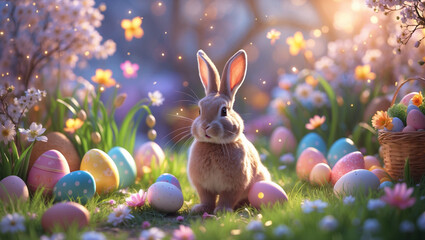 Enchanting Easter Garden with Colorful Flowers and Bunny