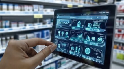 Hand Interacting with a Tablet Displaying Pharmaceutical Inventory Data in a Pharmacy Setting